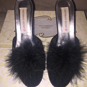 NEW Victoria Secret Satin & Marabou Boudoir slipper slide heal